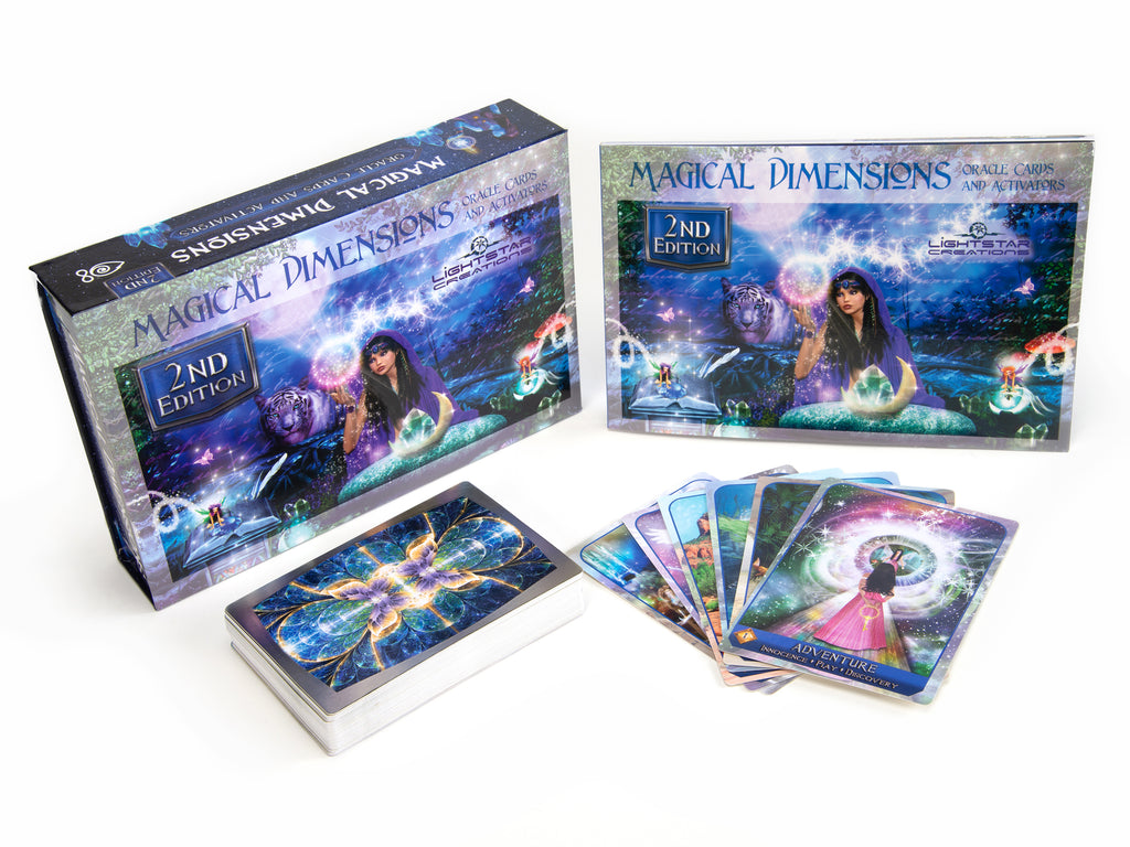 The Magical Dimensions Oracle Cards and Activators by Schiffer Publishing, Ltd. is shown with its box, guidebook, and vibrant affirmation cards featuring mystical celestial art designed for intuitive guidance.