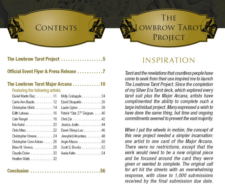 The Lowbrow Tarot by Schiffer Publishing, Ltd. features a contents page listing chapters and artists, plus an introduction highlighting the project’s inspiration, creative process in Pop Surrealism, and the Major Arcana deck.