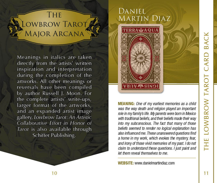 An open book displays the Lowbrow Tarot Major Arcana deck from Schiffer Publishing, Ltd., with Pop Surrealism art, artist Daniel Martin Diaz's bio, card descriptions, and a website link on a yellow and brown background.