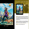 The Lowbrow Tarot by Schiffer Publishing, Ltd. features a Major Arcana card, The Fool: a woman strides confidently with the sun behind her, sack over her shoulder, dog at her side, skull in the clouds above, and pop surrealist mountains in the background.