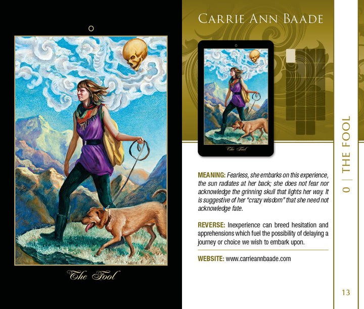 The Lowbrow Tarot by Schiffer Publishing, Ltd. features a Major Arcana card, The Fool: a woman strides confidently with the sun behind her, sack over her shoulder, dog at her side, skull in the clouds above, and pop surrealist mountains in the background.