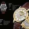 The Patek Philippe® Highlights book by Schiffer Publishing, Ltd. details two luxury Calatrava watches—one with a black dial and brown leather strap, the other featuring a gold case, silver dial, and brown strap—each with full specifications.