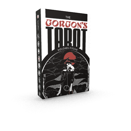 A box of The Gorgon's Tarot by Schiffer Publishing, Ltd. The round deck features bold black, white, and red artwork depicting a mythological figure with serpentine hair and a staff on a striking dark background.