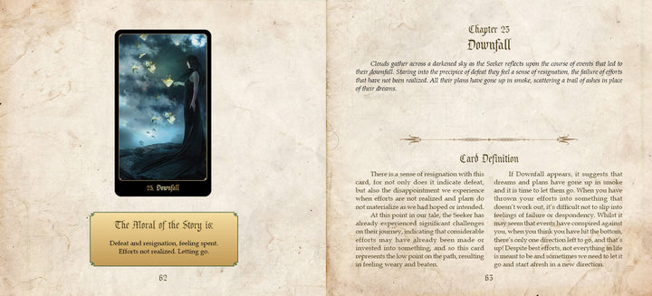 An open "Chronicles of Destiny Fortune Cards" guidebook (Schiffer Publishing, Ltd.) shows the Downfall card—featuring a cloaked figure and flying birds. Chapter 25 interprets its message on defeat and letting go.
