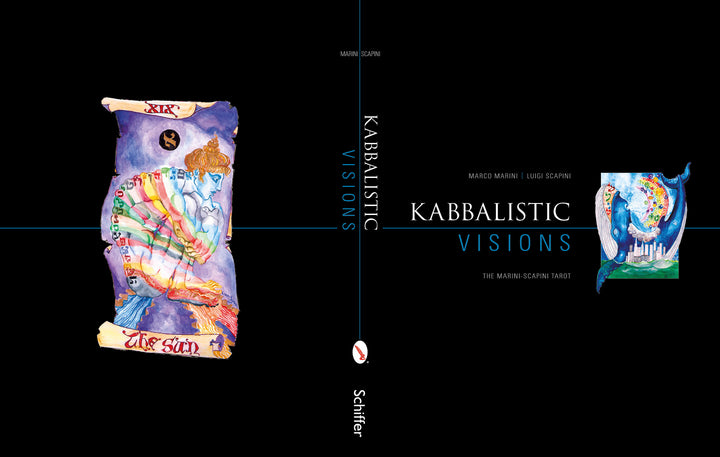 Book cover for Kabbalistic Visions by Schiffer Publishing, Ltd., featuring surreal Kabbalah Tarot art, such as The Sun card, with vibrant cosmic and mystical imagery set against a black background.