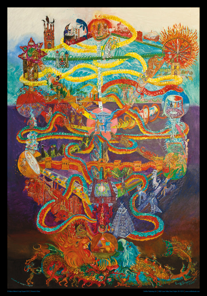 Kabbalistic Visions by Schiffer Publishing, Ltd. features a vibrant, detailed painting of swirling paths, historical and mythical figures, and iconic buildings branching from a Tree of Life inspired by the Hebrew alphabet, set against a dynamic, colorful background.