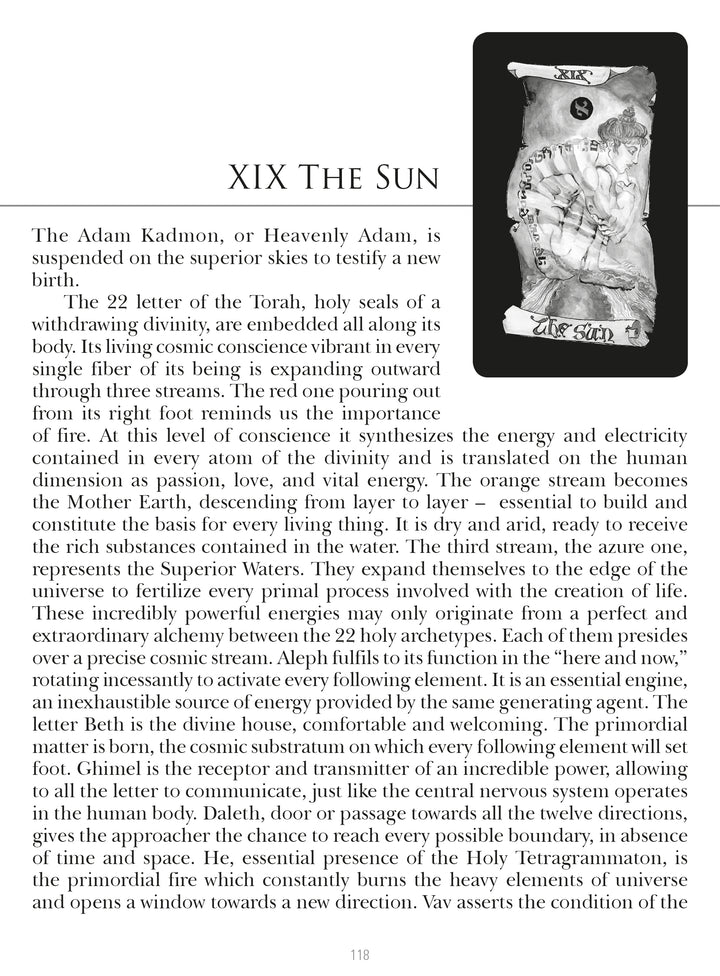 The card from Schiffer Publishing, Ltd.’s Kabbalistic Visions features XIX THE SUN, displaying eight radiant sun rays with a black border in the top right and explanatory text on its spiritual and Kabbalah Tree of Life symbolism.