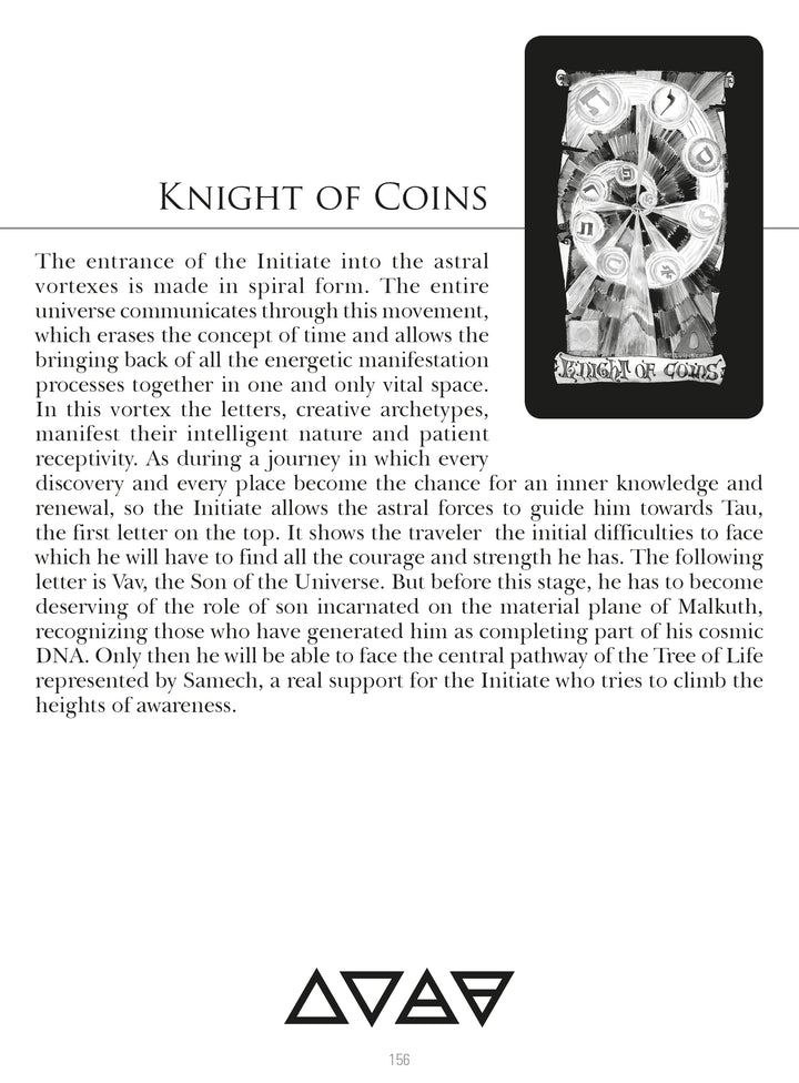 The tarot card "Knight of Coins" from Kabbalistic Visions by Schiffer Publishing, Ltd. shows a knight with a coin amid ornate designs, placed beside mystical Kabbalah Tarot text that explains its meaning on the page.