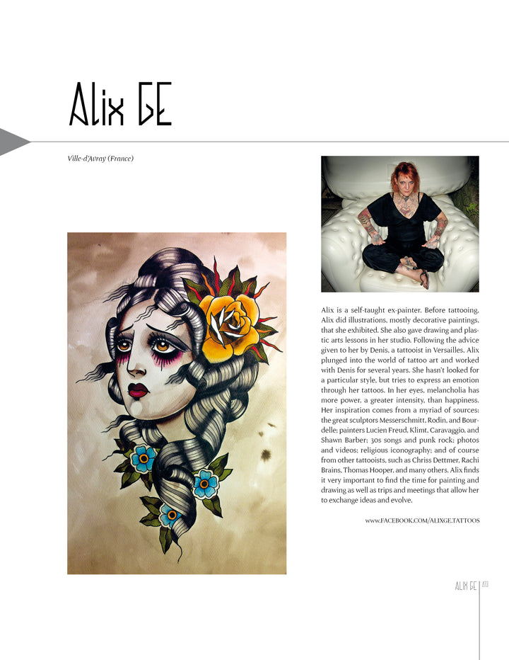 A magazine page showcases TattooIsMe 2 by Schiffer Publishing, Ltd.: on the left, a stylized tattoo of a woman’s face with flowers and bold lines; on the right, a portrait of tattoo artist Alix GE seated on a white chair with biographical text below.