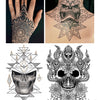 A collage from "TattooIsMe 2" by Schiffer Publishing, Ltd. features a mandala hand tattoo, a geometric skull neck tattoo, and two black and white skull illustrations—ideal inspiration for tattoo artists or artbooks.