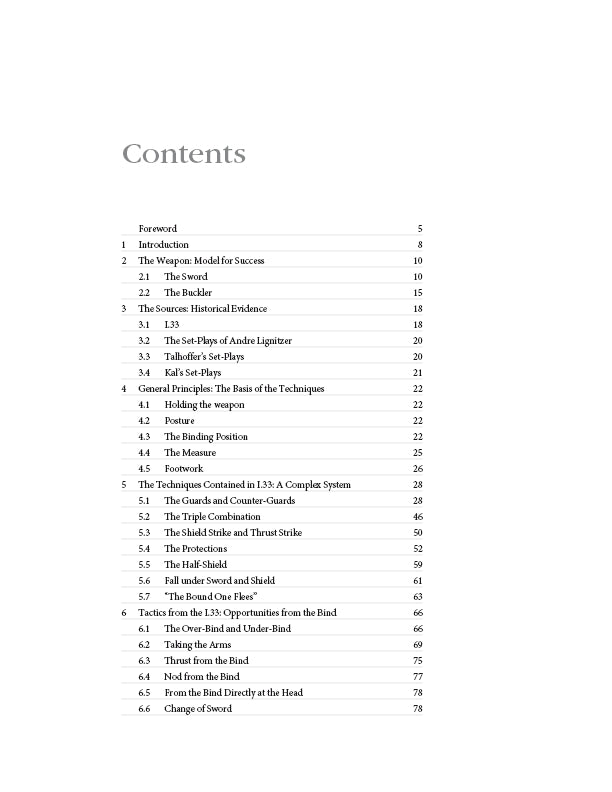 Table of contents page for "Sword Fighting 2" by Schiffer Publishing, Ltd., listing sections such as single-handed sword fighting, weapon model, sources, principles, binding, the master, footwork, strikes, and tactics.