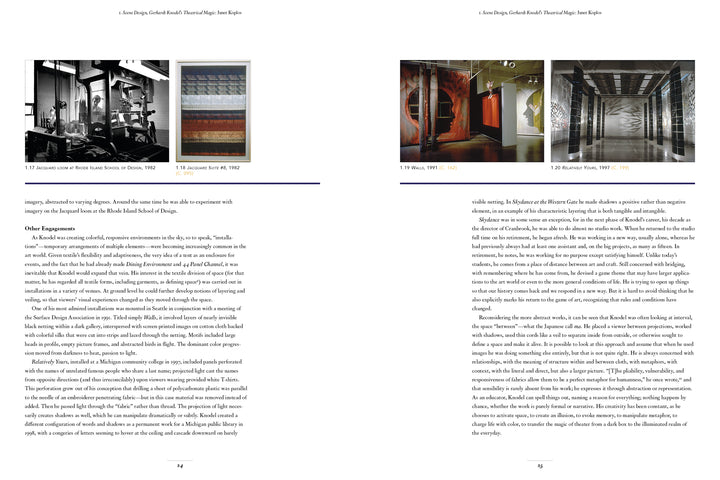 Two pages from "What If Textiles" (Schiffer Publishing, Ltd.) show text and four captioned photos: an old loom, colorful bands, a patterned textile, and a columned hallway, as the text explores textile art and Gerhardt Knodel’s work.