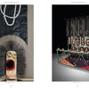 Left: A close-up of a contemporary textile sculpture with brush-like texture and simple face, set on black and gray fabric with pearl details. Right: Mask-like faces on sticks from What If Textiles by Schiffer Publishing, Ltd.