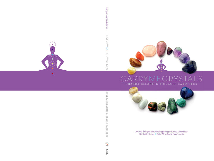 The Carry Me Crystals—Chakra Clearing & Oracle Card Deck by Schiffer Publishing, Ltd. features colorful crystals above the title on a white cover with a purple band; the back shows a meditating figure, perfect for an oracle deck.