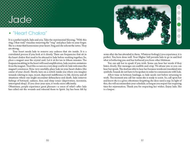 A catalog page features Carry Me Crystals—Chakra Clearing & Oracle Card Deck by Schiffer Publishing, Ltd., highlighting its chakra clearing benefits and spiritual value, with the header "Jade" and a close-up of the product.