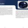 A polished sodalite stone rests on white next to text about its chakra-clearing, calming energy—an ideal companion to Schiffer Publishing, Ltd.'s Carry Me Crystals—Chakra Clearing & Oracle Card Deck.