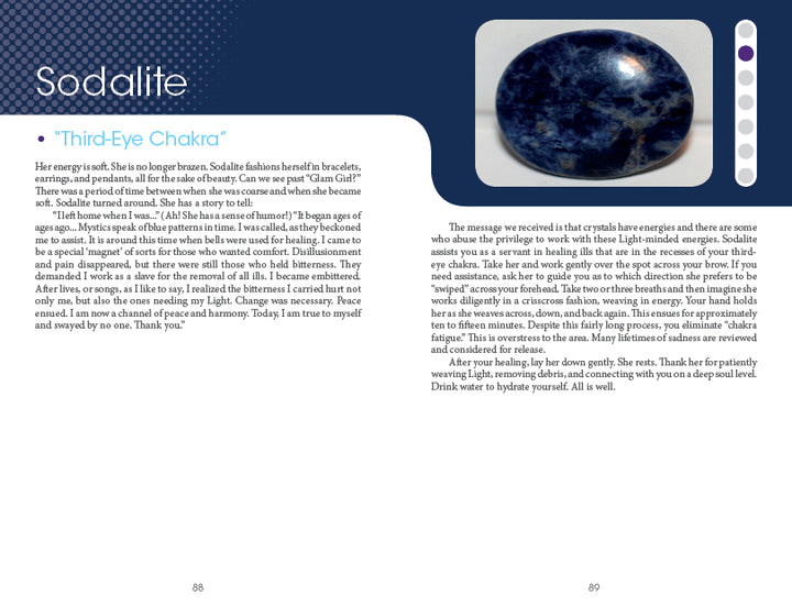 A polished sodalite stone rests on white next to text about its chakra-clearing, calming energy—an ideal companion to Schiffer Publishing, Ltd.'s Carry Me Crystals—Chakra Clearing & Oracle Card Deck.