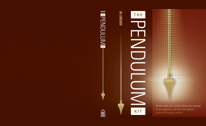 Book cover for The Pendulum Kit by Schiffer Publishing, Ltd., shows a gold pendulum on a chain against a brown background. Lower right corner text: All the tools you need for pendulum dowsing and intuitive development.