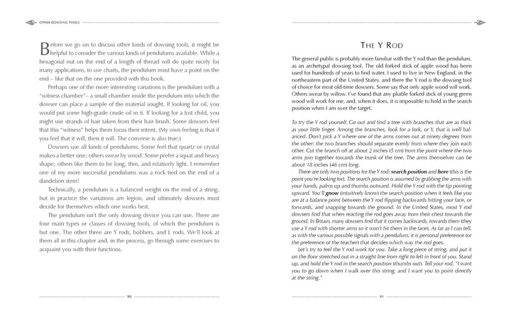 Two pages from "The Pendulum Kit" by Schiffer Publishing, Ltd. discuss pendulums—their types and energy fields—and give tips on using a Y rod to boost intuition in dowsing.