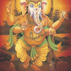 A vibrant illustration of Hindu deity Ganesha dancing, adorned with gold and a crown, a glowing aura and a mouse at his feet. Inspired by chakra oracle symbolism, the “4 Grounding” card is from Sacred Mysteries by Schiffer Publishing, Ltd.