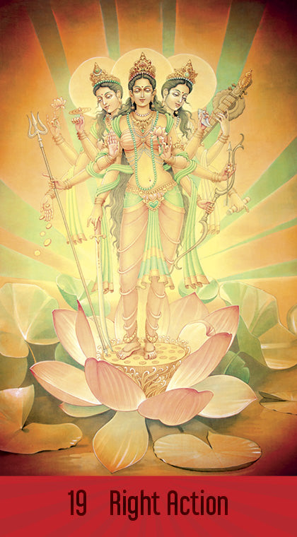 Sacred Mysteries by Schiffer Publishing, Ltd. depicts a six-armed, three-faced deity on a lotus, holding symbolic objects. Radiant light shines behind, invoking Tantric wisdom. '19 Right Action' is shown at the bottom.