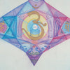 The Sacred Mysteries card by Schiffer Publishing, Ltd. features a vibrant geometric design with a gold Om, angel wings, and an eye, set on a blue-purple background and titled at the bottom: 42 Interference. Inspired by chakra wisdom.