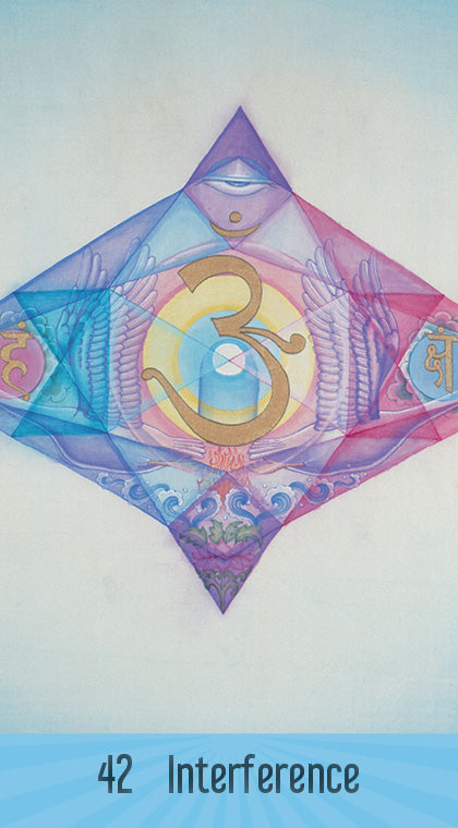 The Sacred Mysteries card by Schiffer Publishing, Ltd. features a vibrant geometric design with a gold Om, angel wings, and an eye, set on a blue-purple background and titled at the bottom: 42 Interference. Inspired by chakra wisdom.