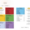 The Sacred Mysteries table of contents by Schiffer Publishing, Ltd. features colorful chakra-inspired sections: four boxes in red, green, blue, and purple list chapters and themes, flanked by two white columns detailing book parts and chapters.