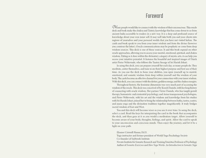 A book page from Sacred Mysteries by Schiffer Publishing, Ltd., titled Foreword with a decorative drop cap "M." The foreword discusses wisdom, Tantra, oracle decks, and self-discovery, ending with Eleanor Criswell Hanna, Ed.D.’s signature block.