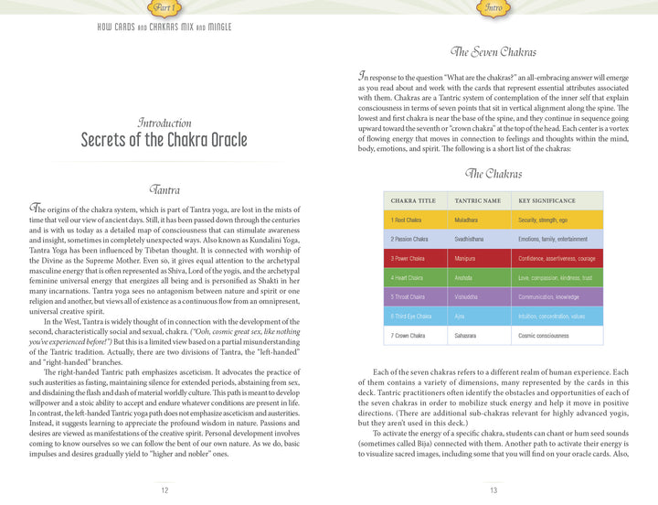 A two-page spread from "Sacred Mysteries" by Schiffer Publishing, Ltd. The left page delves into Tantric wisdom and chakras, while the right displays “The Seven Chakras” chart with colors, tantric names, and key meanings.