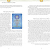 A two-page spread in Sacred Mysteries by Schiffer Publishing, Ltd. features an illustrated card of a meditating figure with highlighted chakras on the left and text about using a chakra oracle deck on the right.