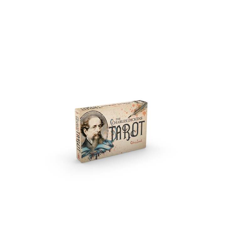 A box of The Charles Dickens Tarot by Schiffer Publishing, Ltd.—a Victorian-inspired tarot deck featuring an illustrated portrait of Dickens—rests elegantly on a white surface.