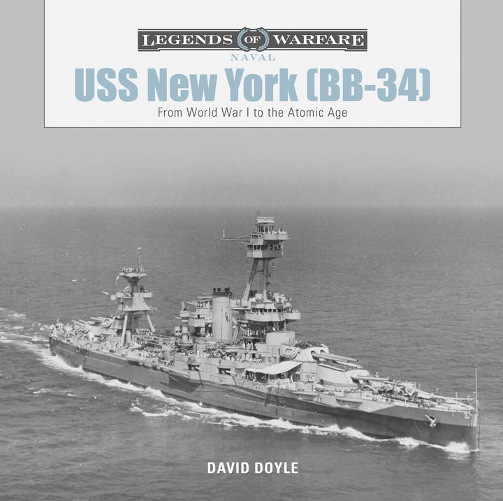 Black and white image of the USS New York (BB-34) on a gray background with 'Legends of Warfare' branding.