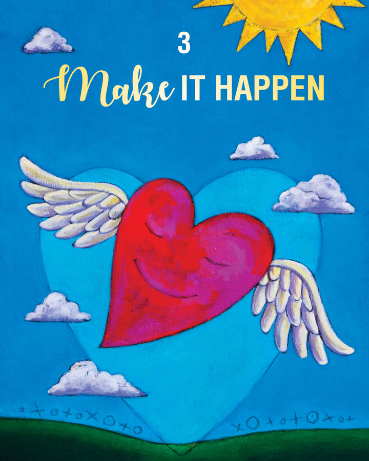 A blue sky with clouds, a bright yellow sun, and a large blue heart form the backdrop. Up front, a red heart with angel wings smiles. Above it reads “Thank Forward” from Schiffer Publishing, Ltd., inspiring positivity.