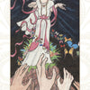 Illustration from Pistis Sophia by Schiffer Publishing, Ltd.: a serene, robed figure with a halo hovers above outstretched hands. Flowers and light surround her against a dark background, with flowing red ribbons.