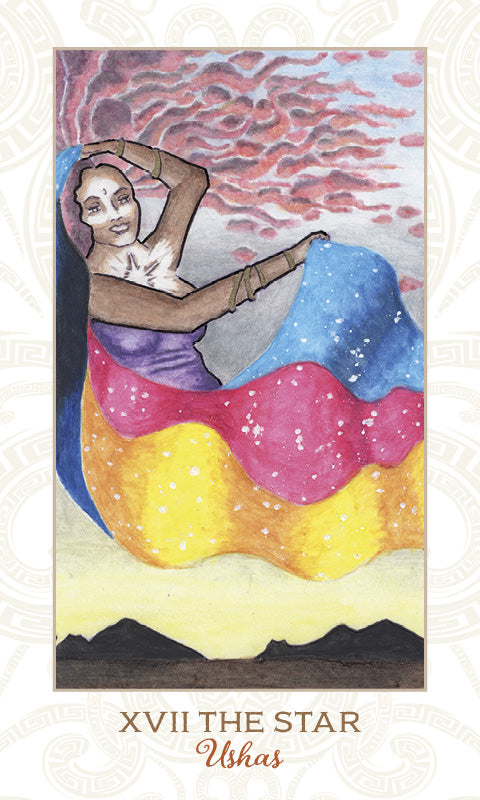 A woman in flowing blue, pink, and yellow robes with star-like dots stands before swirling clouds and silhouetted mountains. From Pistis Sophia by Schiffer Publishing, Ltd., this card is XVII THE STAR Usha.