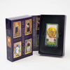 The Byzantine Tarot by Schiffer Publishing, Ltd. is shown: the box on the left features illustrated cards, while the opened box on the right reveals a single card from this unique Byzantine Empire-inspired Tarot deck, set against a plain white background.