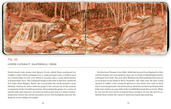 A sketchbook drawing featured in Schiffer Publishing, Ltd.’s "Sketchbook Traveler Hudson Valley" depicts a rocky forest creek with flowing water in red and brown tones. Text below offers insights into Cole’s art and biography.
