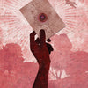A silhouetted hand holds a sealed envelope against a red and pink backdrop with rays and trees. "Letter" and the number 7, inspired by color-coded fortune-telling, appear below. Product: Rainbow Kipper by Schiffer Publishing, Ltd.