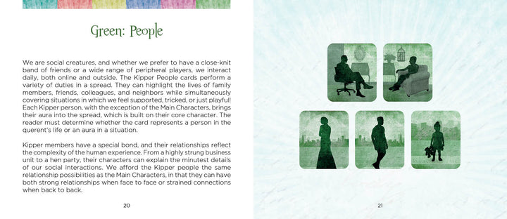 A book spread from Rainbow Kipper by Schiffer Publishing, Ltd.: the left page features a green header titled "People" with text about Kipper deck fortune-telling. The right page shows six green people silhouettes on a pale blue background.