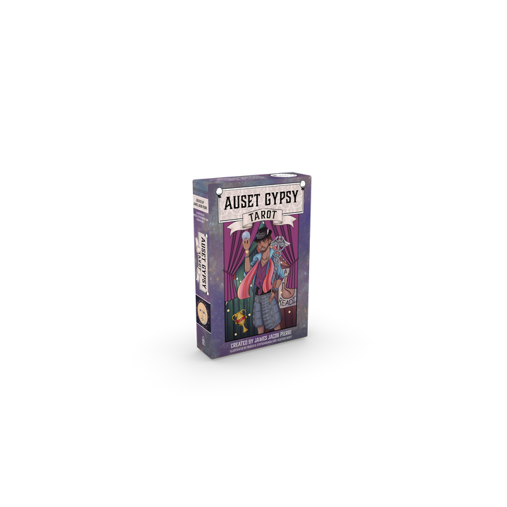 Auset Gypsy Tarot by Schiffer Publishing, Ltd. comes in a purple box with an illustrated woman in sunglasses, scarf, and hat with suitcases. This bohemian tarot deck offers spiritual insight and is set against a plain white background.