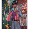 The Magician card from the Auset Gypsy Tarot by Schiffer Publishing, Ltd. depicts a man in a hat holding a glowing orb before a curtain with floating objects and astrological symbols, blending spiritual insight with mystic lights.