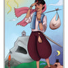 The Fool card from the Auset Gypsy Tarot by Schiffer Publishing, Ltd. shows a traveler in loose red pants, pink scarf, and cap with a bundle on a stick, standing on a hill under the sun near a village, dog, and cliff with a face.