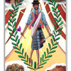 “The World” card from the Auset Gypsy Tarot by Schiffer Publishing, Ltd. shows a central figure with a hat and shawl inside a wreath, encircled by a woman, eagle, ram, and lion among clouds and draped curtains.