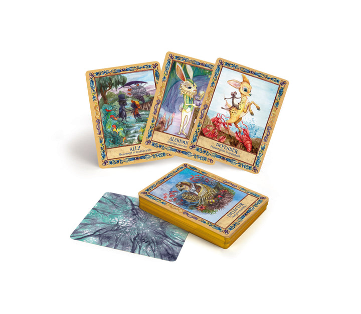 A spread of illustrated tarot cards from Schiffer Publishing, Ltd.’s Secret Woods deck shows whimsical animal characters—three upright, one facedown—with a stacked deck displaying decorative backs on a white background.