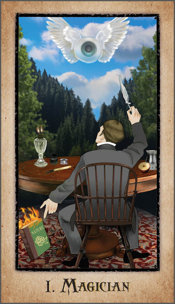 A person in a suit sits at a table in the forest, holding a feather pen toward a winged eye as literary tarot symbols—candle, chalice, apple, burning "Nature" book—surround them. The card is I. Magician from The American Renaissance Tarot by Schiffer Publishing, Ltd.