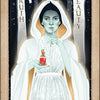 A mystical woman in a white hooded robe stands in a snowy forest with a red potion, as TRUTH and BEAUTY appear on trees—reflecting Transcendentalism—on the II. PRIESTESS card from The American Renaissance Tarot by Schiffer Publishing, Ltd.