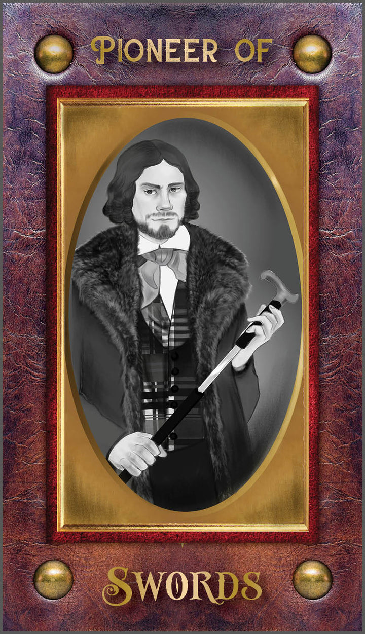 The American Renaissance Tarot by Schiffer Publishing, Ltd. features a Pioneer of Swords card depicting a bearded man with shoulder-length hair in historical attire with fur trim, holding a sword or cane, surrounded by ornate gold and red borders.