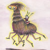 A whimsical cartoon evokes cartomancy as a figure rides a large creature, inspired by the Shadowland Lenormand deck from Schiffer Publishing, Ltd.