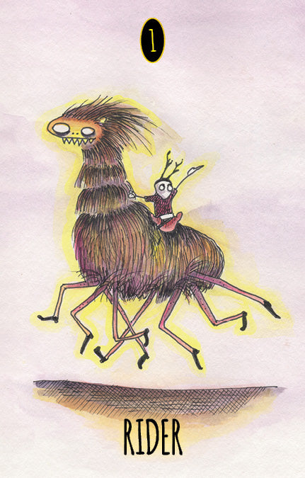 A whimsical cartoon evokes cartomancy as a figure rides a large creature, inspired by the Shadowland Lenormand deck from Schiffer Publishing, Ltd.